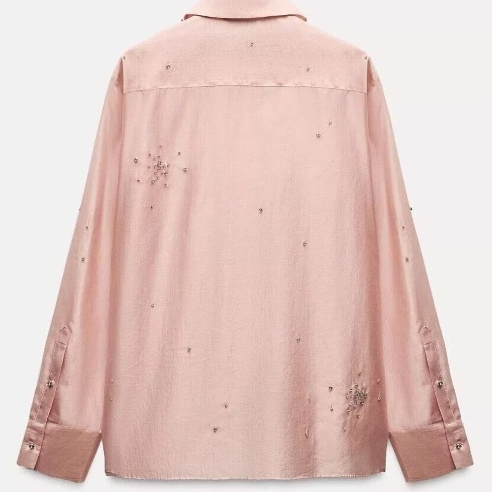 ZARA ZW Collection sz S New Embroidered Shirt Jewels Rhinestones Pastel Pink - Picture 2 of 15